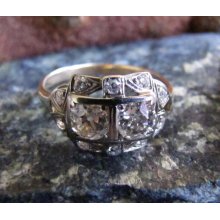lovebirds: Antique Two Diamond Engagement Ring with 1800s Old Mine Cuts, White and Yellow Gold in an Edwardian setting