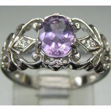 Lovely Sterling S Oval Amethyst White Crystals Accents Open Swirl Design Ring