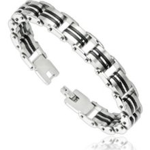 Man's Spike Stainless Steel Linked Bracelet With Rubber Double Strip