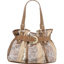 Maurices Belted Metallic and Sequin Patchwork Satchel Natural Combo
