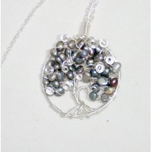 Medium tree of life pendant with silver freshwater pearls and silver plated chain (p34)
