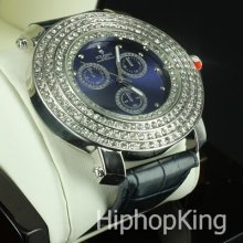 Men Casual Iced Out Watch Blue Leather Band 50 Cents Look Steel Back