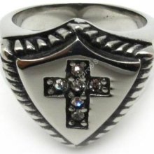 Men Knight Shield Spartak White Crystle Cross 316l Stainless Steel Silver Ring
