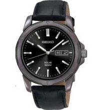 Men`s Black Seiko Classic Solar Watch W/ Black Leather Strap