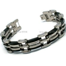 Men Stainless Steel Bracelet Bangle Rubber Black Silver Link W/tracking Number