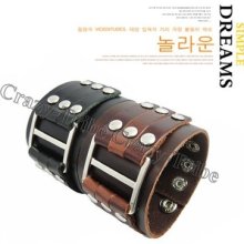 Men Women Cool Wide Big Buckle Rivet Genuine Leather Bracelet Wristband 207