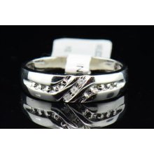 Mens 10k White Gold Round Cut Channel Diamond Engagement Ring Wedding Band .03ct