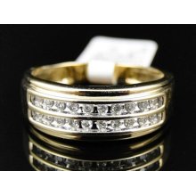 Mens 10k Yellow Gold Round Cut White Diamond 2 Row Engagement Wedding Band Ring