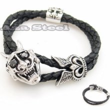Men's 316l Stainless Steel Demon Cz Genuine Black Leather Bracelet 8.5