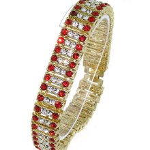 Men's 4 Row Iced Out Gold With Red & Clear Cz Hip Hop Bling Bracelet