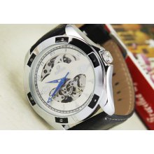 Mens Automatic Goer White Dial Silver Skeleton Wrist Watch Leather