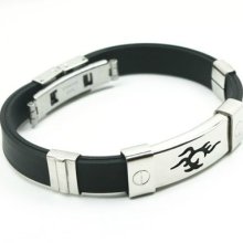 Men's Black & Silver Stainless Steel Rubber Bracelet