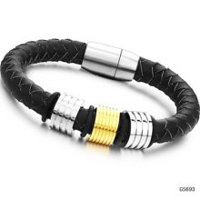 Mens Black Leather Bracelet Stainless Steel Magnetic Clasp And Beads