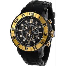 Men's Black Rugged Quartz Chronograph Black Dial Rubber Strap Gold Tone Bezel