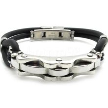 Men's Black Sliver Stainless Steel Genuine Leather Bangle Charm Bracelet Chain