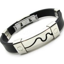 Men's Black Sliver Wave Stainless Steel Bangle Charm Bracelet Chain Jewelry Hot