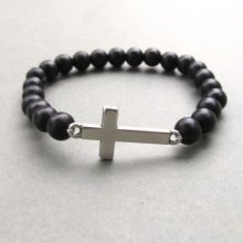 Mens black wooden beaded stretch bracelet with sideways silver cross charm