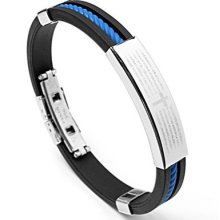 Men's Blue & Black Stainless Steel Rubber Bracelet