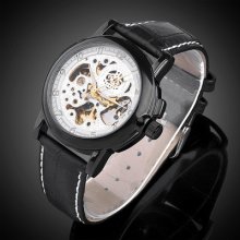 Men's Classic Skeleton Analog Mechanical Leather Wrist Watch+ Free Box 3 Color