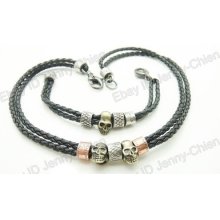 Men's Cool Punk Charm Metals 2 Skull Ring Genuine Leather Bracelet Necklace Set