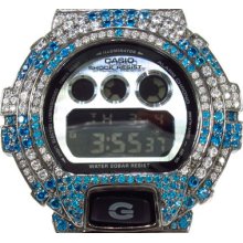 Mens Cubic Zirconia Casio G-Shock Blue and White CZ Silver Case Watch