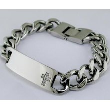 Mens Cubic Zirconia Cross Id Tag Bracelet Stainless Steel