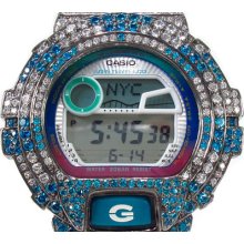 Mens Cubic Zirconia G-Shock Watch Casio Blue and White CZ Silver Case