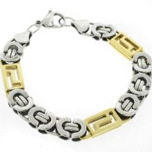 Men's Designer Two Tone Gold Stainless Steel Flat Byzantine Bracelet 9