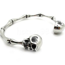 Men's Gothic Skull Ettin Bone Link Silver Stainless Steel Bangle Bracelet Punk