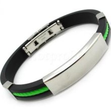 Men's Green Coil Black Rubber Bangle Stainless Steel Charm Bracelet Chain Gift