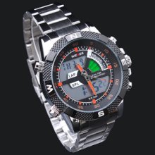 Mens Military Sport Style Orange Hands Stainless Steel Band Digital Wrist Watch