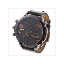 mens new Oulm stainless steel quartz watch w/black face & body and leather band