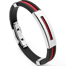 Men's Red & Black Stainless Steel Rubber Bracelet 8