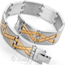 Mens Silver & Gold Stainless Steel Bracelet Cuff Bangle Vc780