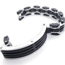 Men's Silver Black Stainless Steel & Rubber Bracelet