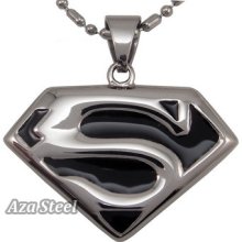 Men's Silver Black Superman Hero Stainless Steel Pendant + Chain Ap012