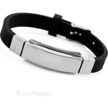 Mens Silver Stainless Steel Black Rubber Solic Bracelet Cuff Bangle Vc877