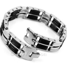Mens Silver Stainless Steel Black Rubber Cross Bracelet Cuff Bangle Vc830