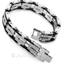 Mens Silver Stainless Steel Black Rubber Solid Bracelet Cuff Bangle Chain Vc824