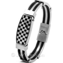Mens Silver Stainless Steel Black Rubber Checkered Bracelet Cuff Bangle Vc861