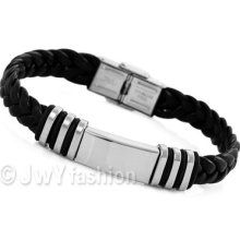 Mens Silver Stainless Steel Black Leather Bracelet Cuff Bangle Vc876