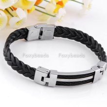 Men's Silvery Stainless Steel Black Braided Bracelets Bangles Wristband Punk