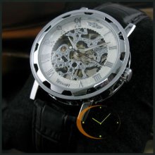 Mens Skeleton Automatic Mechancial Wrist Watch Black Leather