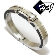 Men's Stainless Steel Heavy Wide 12mm Silver Black Carbon Fiber Stripe Bangle