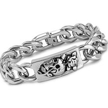 Mens Stainless Steel Skull and Rose Oxidized Finished, Curb Link Bracelet, Personalize it.