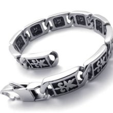 Men's Vintage Black Silver Stainless Steel Bracelet Bangle 8.8