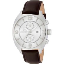 Men's Vintage Stainless Steel Case Leather Bracelet Silver Dial Day Date and Mon