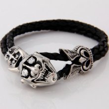 Men's Woman's Stainless Steel Demon Cz Leather Bracelet, 9.5