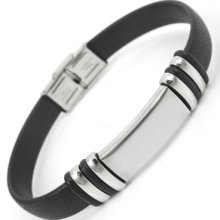Men's Women's Stainless Steel Black Rubber Bracelet Bangle