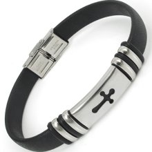 Men's Women's Stainless Steel Cross Id Bangle Black Rubber Bracelet